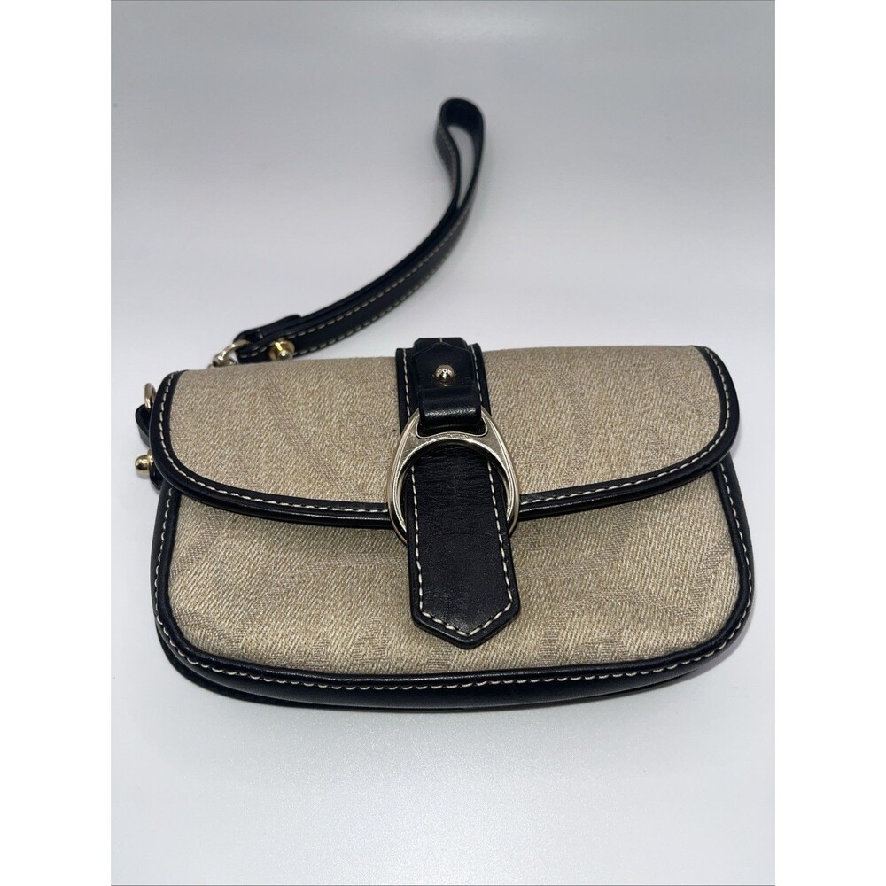 Dooney & Bourke Tan Flap Mini Wristlet Purse Signature Canvas/Leather